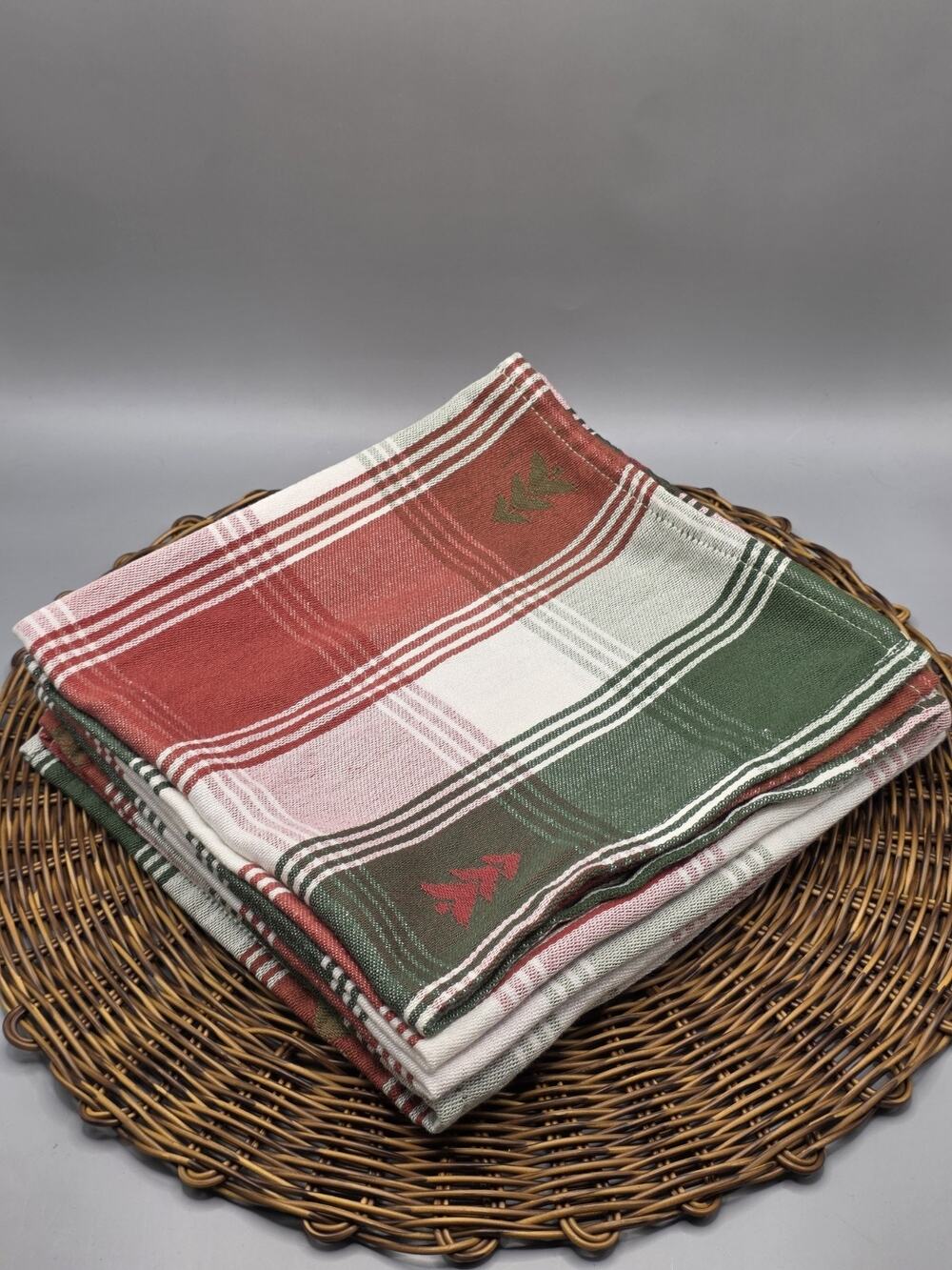 Martha Stewart Christmas Plaid Cloth Napkins Set of 5 Embroidered Tree Holiday